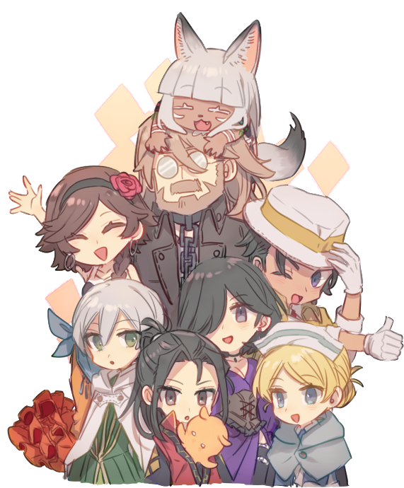 4boys 4girls adjusting_clothes adjusting_headwear agnea_bristarni animal_ear_fluff animal_ears arm_up beard black_camisole black_coat black_corset black_hair blonde_hair blue_capelet blue_eyes blue_robe blue_sash brown_hair camisole cape cape_clasp capelet castti_florenz chain closed_eyes coat collar collared_coat collared_jacket commentary corset dark-skinned_female dark-skinned_male dark_skin dress dress_shirt ear_piercing earrings facial_hair facial_mark fang flower formal_clothes frilled_skirt frills glasses gloves grey_eyes hair_between_eyes hair_bun hair_flower hair_intakes hair_ornament hair_over_one_eye hat headband hikari_ku hoop_earrings jacket japanese_clothes jewelry lapels long_hair long_sleeves looking_at_viewer lying_on_another mature_male multicolored_clothes multiple_boys multiple_girls mustache nunonnchu nurse_cap ochette_(octopath_traveler) octopath_traveler octopath_traveler_ii octopus one_eye_closed one_eye_covered open_mouth orange_skirt osvald_v._vanstein outstretched_arm parted_bangs partitio_yellowil piercing purple_dress purple_eyes red_flower red_robe rimless_eyewear robe round_eyewear sash shirt single_hair_bun skirt sleeve_cuffs suit suit_jacket tail temenos_mistral throne_anguis tongue waving white_cape white_gloves white_hair white_hat white_shirt yellow_suit yellow_trim