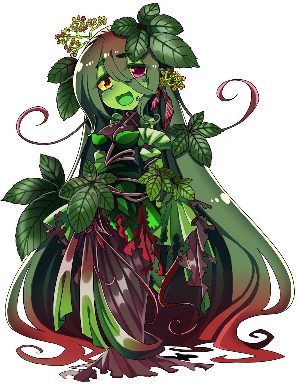 1girl female_focus full_body gradient_hair heterochromia highres leaf monster_girl multicolored_hair open_mouth original plant_girl simple_background solo tanpopo_hayabusa-maru white_background