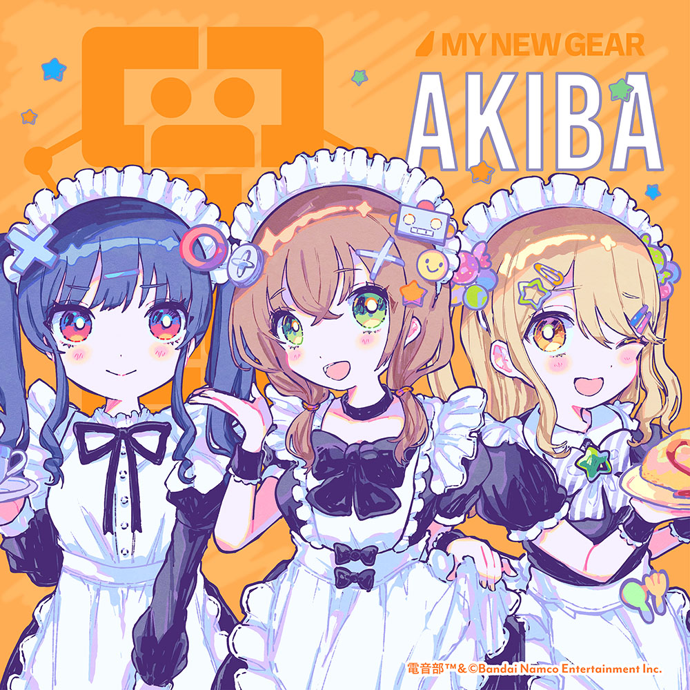 3girls :d alternate_costume alternate_hairstyle apron black_bow black_choker black_dress blonde_hair blue_hair blush bow brown_hair choker closed_mouth collared_dress commentary_request copyright_name copyright_notice cup denonbu dress food frilled_apron frills green_eyes hair_between_eyes hair_down hair_ornament hairpin hand_up hidaka_reina_(denonbu) holding holding_plate holding_saucer kayano_futaba kiato long_hair long_sleeves looking_at_viewer low_twintails maid maid_apron maid_headdress multiple_girls official_art omelet omurice one_eye_closed open_mouth orange_background plate puffy_short_sleeves puffy_sleeves red_eyes saucer second-party_source shinonome_kazune short_sleeves short_twintails sidelocks skirt_hold smile standing star_(symbol) star_hair_ornament twintails white_apron wrist_cuffs x_hair_ornament