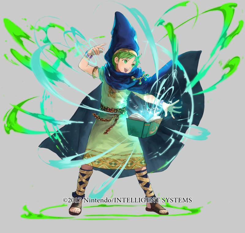 1boy belt book bracelet cape copyright_notice fire_emblem fire_emblem:_mystery_of_the_emblem fire_emblem_heroes full_body green_eyes green_hair grey_background hood jewelry leaf magic male_focus mayo_(becky2006) merric_(changing_winds)_(fire_emblem) merric_(fire_emblem) nintendo official_art open_mouth sandals solo teeth