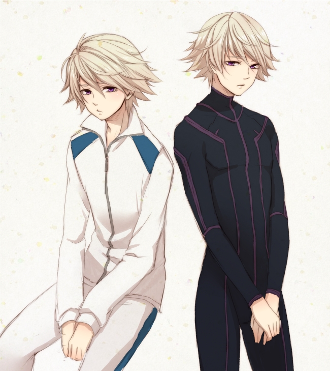 2boys amu_(m_aa) black_bodysuit blonde_hair bodysuit closed_mouth commentary_request dual_persona ivan_karelin jacket long_sleeves male_focus multiple_boys own_hands_together pants purple_eyes short_hair simple_background tiger_&amp;_bunny track_suit turtleneck white_background white_jacket white_pants zipper zipper_pull_tab