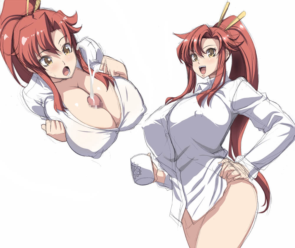 00s 1boy 1girl blush bottomless breasts censored cleavage covered_erect_nipples cum cup ejaculation hand_on_own_hip hetero hip_focus huge_breasts kloah mug open_mouth paizuri paizuri_under_clothes penis red_hair simple_background tengen_toppa_gurren_lagann yellow_eyes yoko_littner