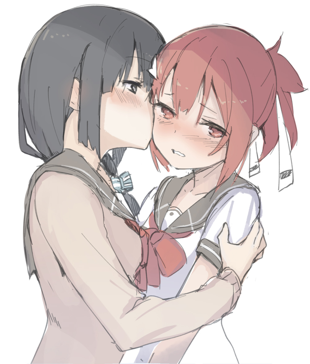 2girls averting_eyes black_hair blush brown_cardigan cardigan commentary_request embarrassed grey_sailor_collar hair_between_eyes hair_ribbon hand_on_another&#039;s_arm kiss kissing_cheek long_hair minutachi multiple_girls nose_blush ponytail red_eyes red_hair ribbon sailor_collar sanshuu_middle_school_uniform school_uniform shirt short_hair simple_background tougou_mimori white_background white_shirt yuri yuuki_yuuna yuuki_yuuna_wa_yuusha_de_aru yuusha_de_aru