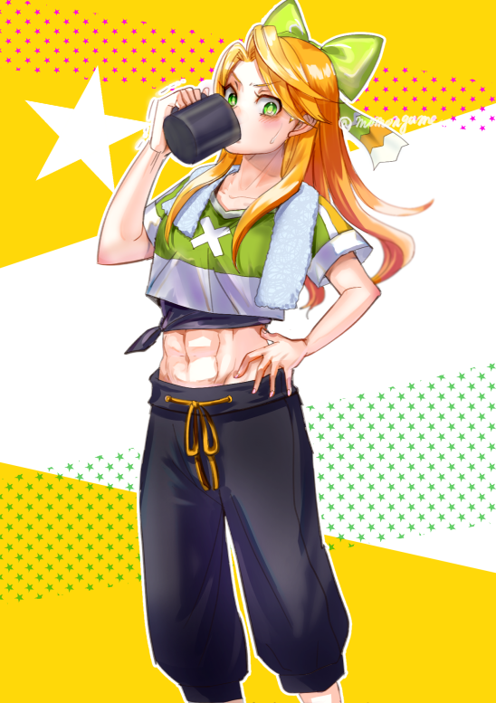 1girl abs alternate_costume black_undershirt bow crop_top crop_top_overhang cup etie_(fire_emblem) fire_emblem fire_emblem_engage green_bow green_eyes green_shirt hand_on_own_hip holding holding_cup looking_at_viewer momongame_17 mug nintendo orange_hair pants shirt solo sweatpants swept_bangs training_outfit_(fire_emblem_engage) workout_clothes