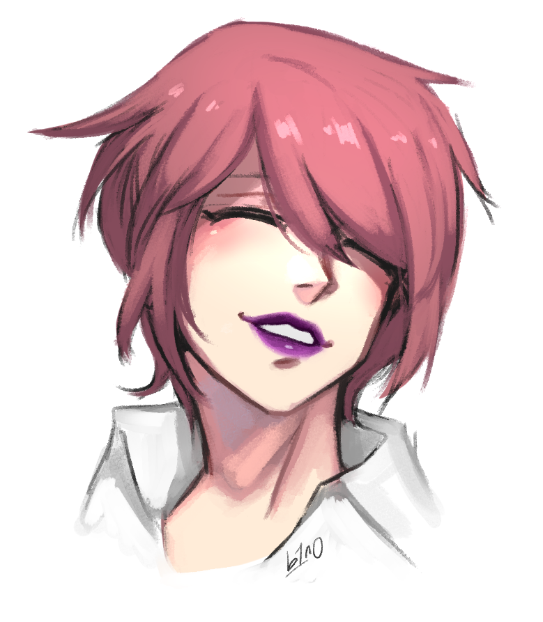 1girl b1n04 blush close-up closed_eyes collared_shirt eyebrows facing_viewer female_focus lipstick makeup parted_lips pink_hair portrait purple_lips rosy_cheeks shin_subarashiki_kono_sekai shirt short_hair signature simple_background smile solo subarashiki_kono_sekai teeth white_background white_shirt yashiro_uzuki
