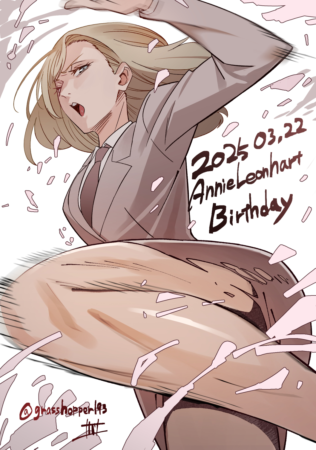 1girl annie_leonhart artist_name birthday blonde_hair blue_eyes brown_jacket brown_necktie commentary_request dated english_text floating_hair grasshopper193 hand_up highres incoming_kick jacket kicking long_hair looking_at_viewer motion_lines necktie open_mouth pencil_skirt shingeki_no_kyojin shirt simple_background skirt solo teeth torn_clothes torn_skirt twitter_username upper_teeth_only white_background white_shirt