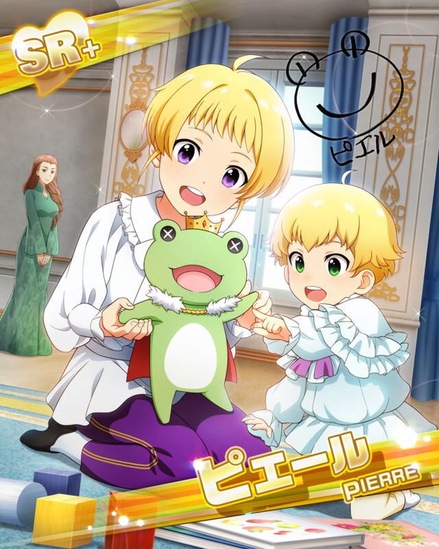 1girl 2boys aged_down ahoge blonde_hair braid brothers brown_hair card_(medium) child crown dress fingernails green_hair holding holding_stuffed_toy idolmaster idolmaster_side-m kaerre long_hair long_sleeves mini_crown multiple_boys official_art pierre_bichelberger pierre_bichelberger&#039;s_mother pierre_bichelberger&#039;s_younger_brother purple_eyes siblings signature stuffed_animal stuffed_frog stuffed_toy teeth upper_teeth_only window