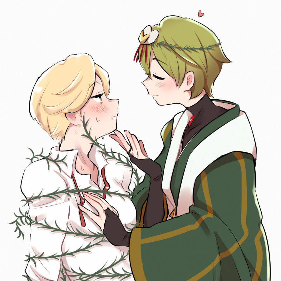 2boys alternate_costume black_gauntlets black_shirt blonde_hair blush bound bound_arms bound_wrists bow bowtie bridal_gauntlets chest_jewel closed_eyes collarbone cookie_run gem green_eyes green_hair green_kimono green_robe hair_between_eyes half-closed_eyes hand_on_another&#039;s_chest hand_under_chin hand_up heart herb_cookie humanization japanese_clothes kimono male_focus multicolored_robe multiple_boys niwa_(niwa827) official_alternate_costume plant raised_eyebrows red_bow red_bowtie red_gemstone robe shirt short_hair simple_background sitting sitting_on_lap sitting_on_person smile sparkling_cookie straddling sweatdrop tagme trap turtleneck turtleneck_shirt untied_bowtie upper_body vines white_background white_shirt wreath yaoi yellow_robe