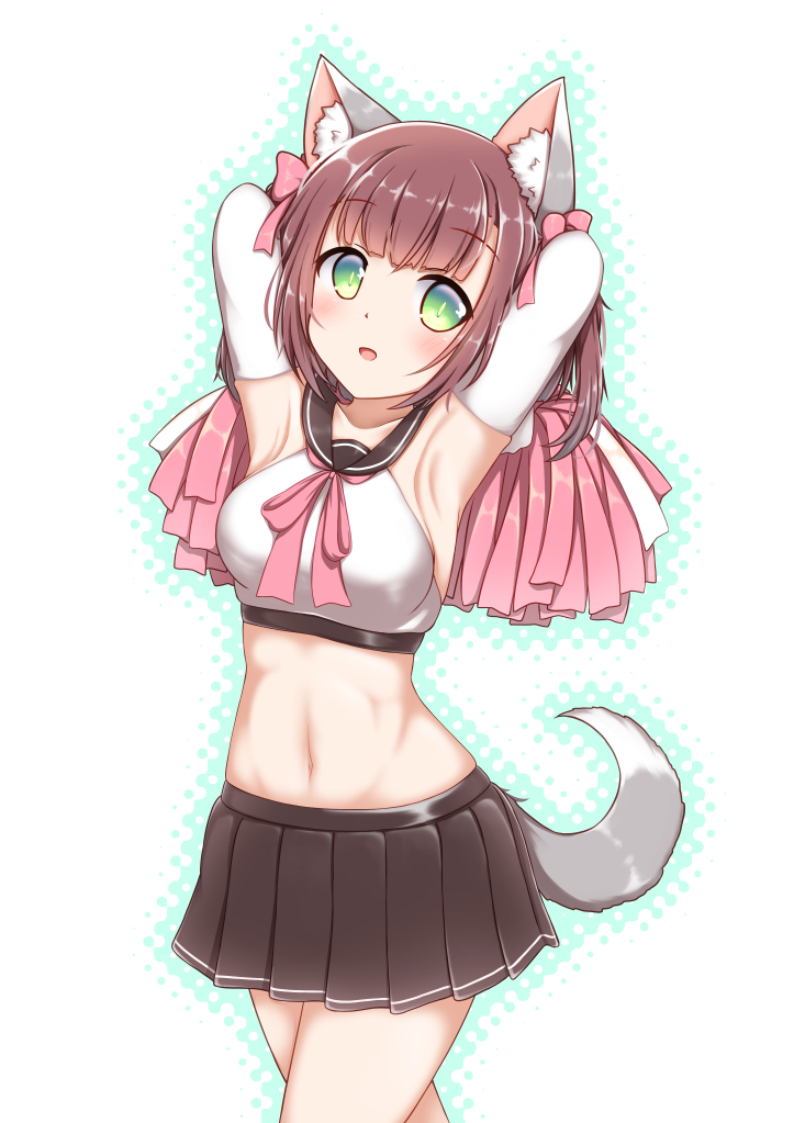 1girl animal_ear_fluff animal_ears armpits arms_behind_head arms_up azur_lane black_sailor_collar black_skirt blush breasts brown_hair cheerleader collarbone commentary_request cowboy_shot crop_top dog_ears dog_tail elbow_gloves female_focus gloves green_eyes groin hair_ribbon hestia_(neko_itachi) holding holding_pom_poms looking_at_viewer medium_breasts midriff miniskirt navel neck_ribbon open_mouth outline pink_ribbon pleated_skirt pom_pom_(cheerleading) pom_poms ribbon sailor_collar shiratsuyu_(azur_lane) shirt sidelocks simple_background skirt sleeveless sleeveless_shirt solo standing tail two_side_up white_background white_gloves white_shirt