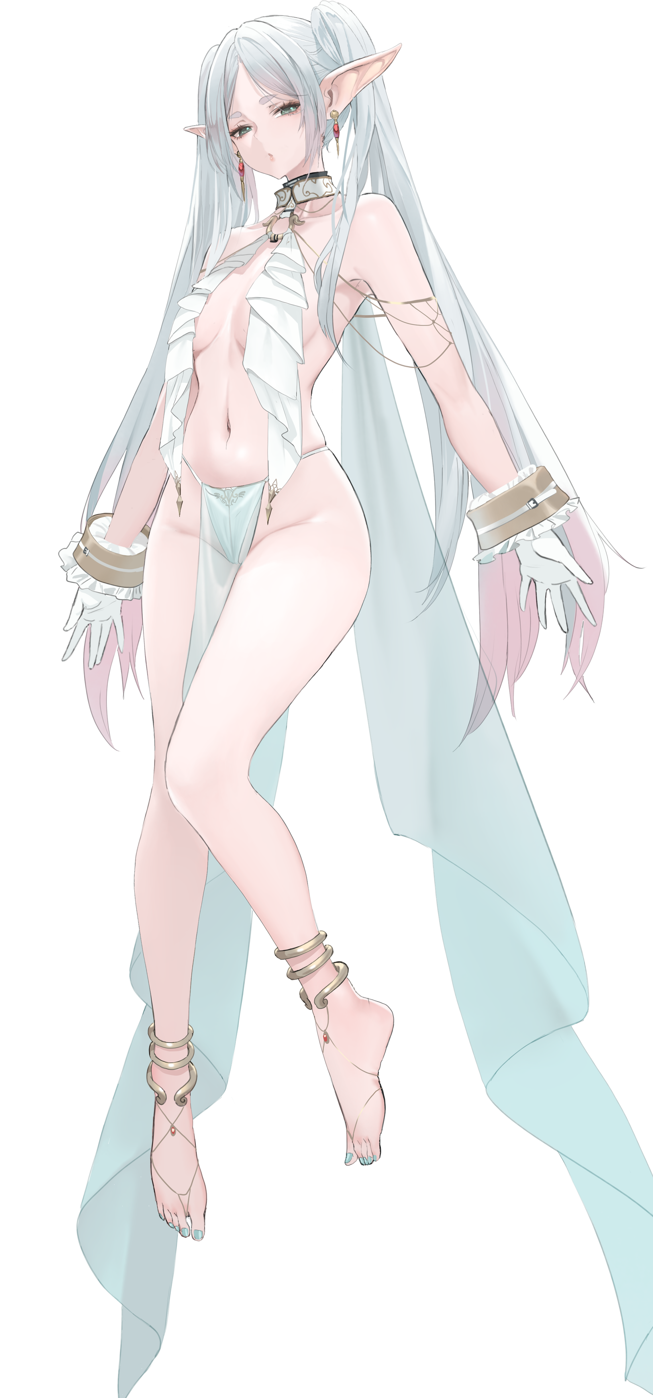 1girl absurdres alternate_costume ass back bare_shoulders barefoot barefoot_sandals_(jewelry) blush breasts dishwasher1910 earrings elf feet frieren full_body green_eyes grey_hair highres jewelry long_hair looking_at_viewer medium_breasts open_mouth parted_bangs pelvic_curtain pointy_ears solo sousou_no_frieren staff thighs tongue tongue_out twintails white_background