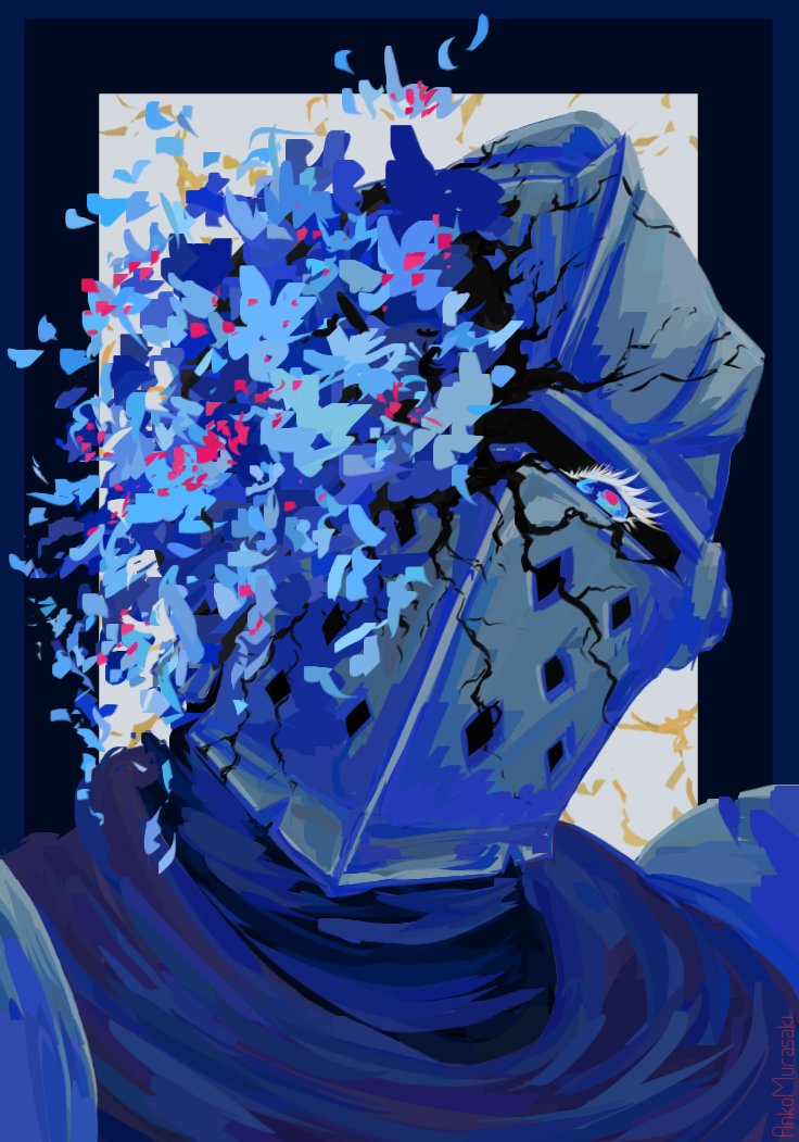 1boy aanko armor blue_border blue_eyes blue_flower blue_scarf blue_theme border colored_eyelashes commentary crusader_(darkest_dungeon) darkest_dungeon english_commentary flower head_tilt helm helmet inward_(itwasleo) knight limited_palette male_focus outside_border pauldrons portrait scarf shoulder_armor solo