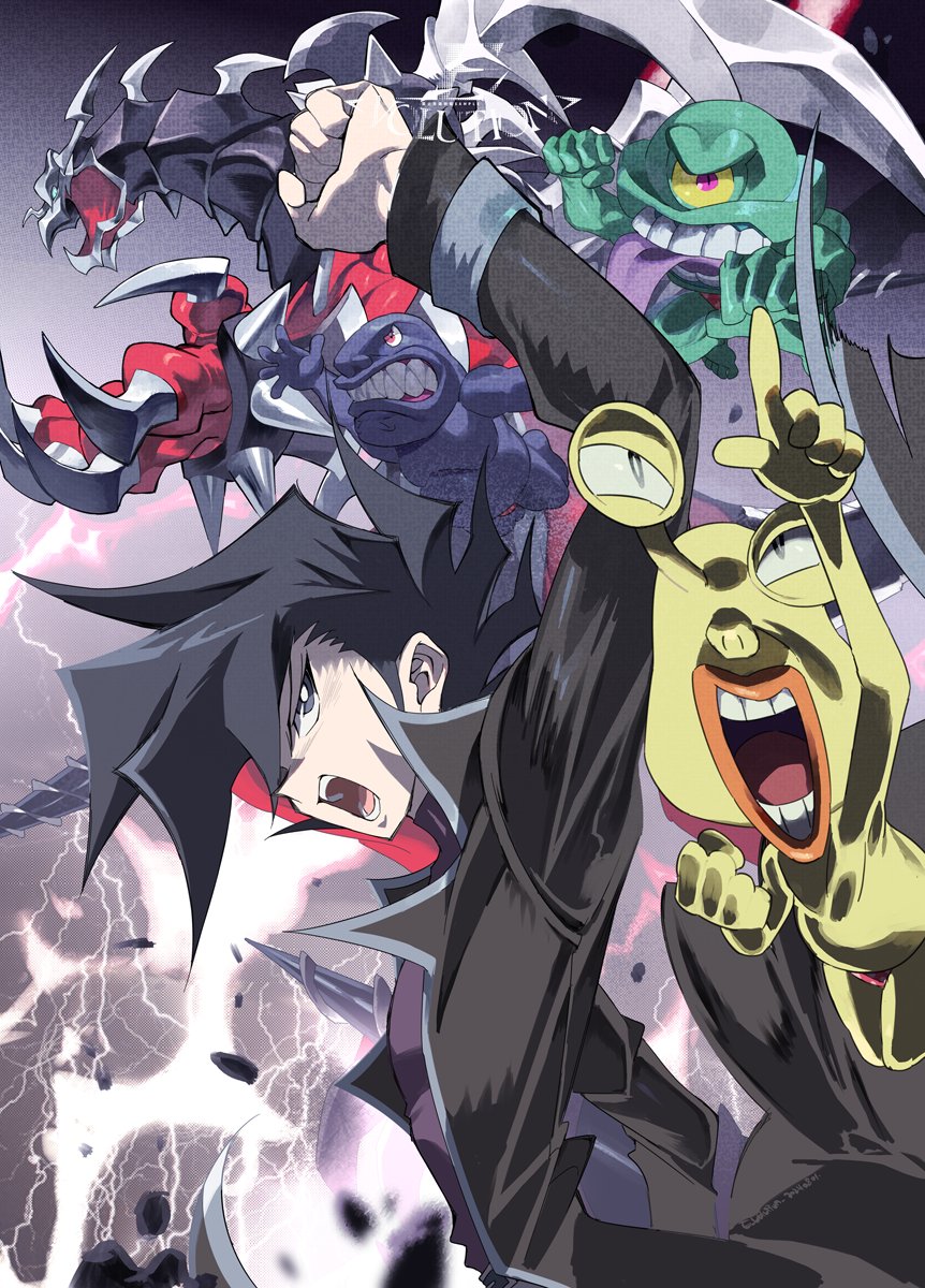 4boys arm_up armed_dragon artist_logo artist_name black_coat black_eyes black_hair black_skin coat colored_skin dragon duel_monster e_volution green_skin grey_background highres logo male_focus manjoume_jun multiple_boys ojama_black ojama_green ojama_yellow one-eyed red_skin thunder yellow_skin yu-gi-oh! yu-gi-oh!_gx