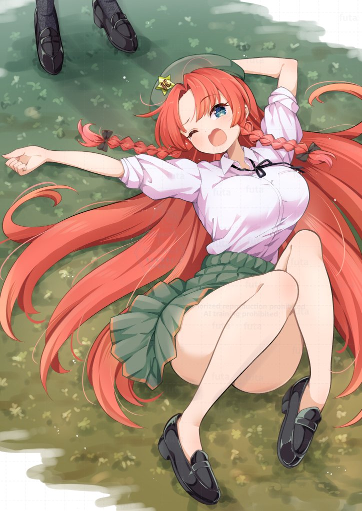 black_shoes blue_eyes braid breasts futa_(nabezoko) green_skirt hair_ribbon hat hat_ornament hong_meiling large_breasts legs long_hair lying no_socks on_back one_eye_closed open_mouth red_hair ribbon shirt shoes skirt star_(symbol) star_hat_ornament stretching thighs touhou twin_braids very_long_hair watermark white_shirt yawning