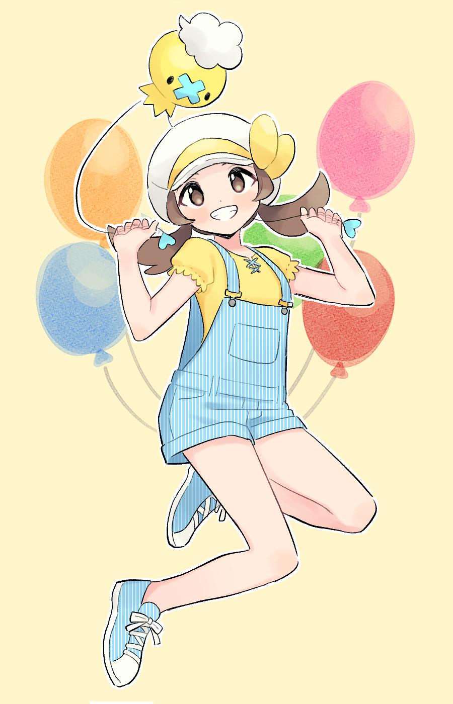 1girl balloon blue_overalls blue_shoes brown_eyes brown_hair commentary_request drifloon game_freak gen_4_pokemon grin hat highres lyra_(pokemon) nintendo overalls pokemon pokemon_(creature) pokemon_hgss pumpkinpan shirt shoes smile striped_shoes twintails vertical-striped_overalls white_hat yellow_shirt