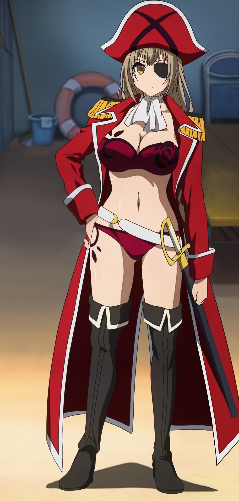 10s 1girl amagi_brilliant_park anime_screenshot belt bikini boots breasts brown_eyes brown_hair cleavage eyepatch female_focus full_body hat highres jacket kakuma_ai kyoto_animation large_breasts leather leather_boots legs long_hair long_sleeves looking_at_viewer molly_searcy navel official_art open_clothes open_jacket pirate pirate_hat red_bikini red_jacket sento_isuzu shiny_skin solo standing stitched swimsuit sword thigh_boots thighhighs thighs third-party_edit voice_actor_connection weapon