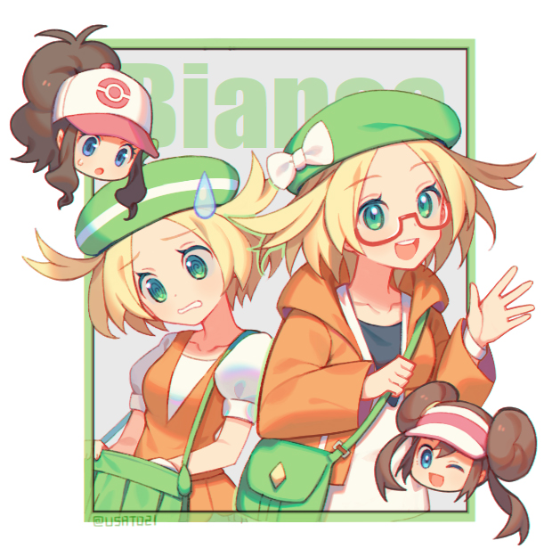 4girls :o ;d @_@ age_comparison bag beret bianca_(pokemon) blonde_hair blue_eyes bow brown_hair character_name double_bun dress dual_persona glasses green_bag green_eyes green_hat hair_bun hat hat_bow hilda_(pokemon) jacket long_hair long_sleeves looking_at_viewer multiple_girls nintendo one_eye_closed open_mouth orange_jacket orange_vest pokemon pokemon_bw pokemon_bw2 ponytail puffy_sleeves red-framed_eyewear rosa_(pokemon) shirt short_hair shoulder_bag smile sweatdrop twintails twitter_username upper_body vest white_bow white_dress white_shirt wusagi2