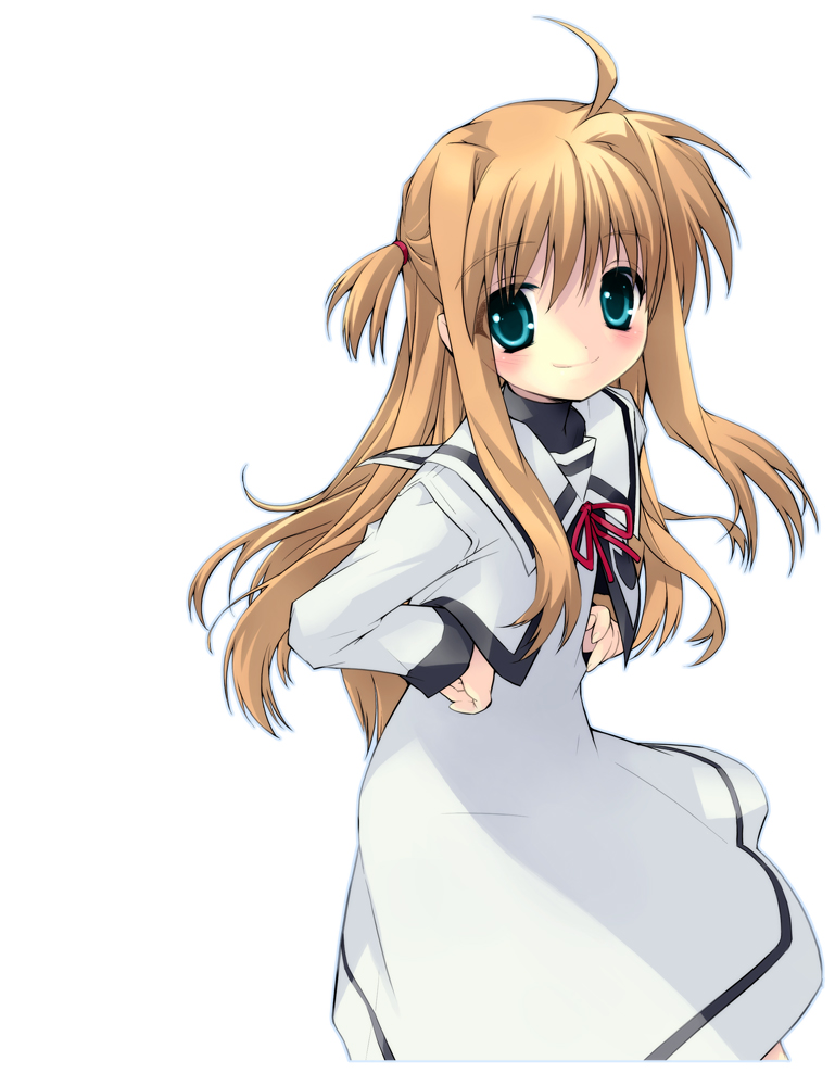 1girl ahoge arisa_bunnings bad_id bad_pixiv_id black_shirt blonde_hair blue_eyes blush closed_mouth commentary commentary_request dress female_focus gotou_nao hair_tie hands_on_own_hips jacket leaning_forward long_hair long_sleeves looking_at_viewer lyrical_nanoha mahou_shoujo_lyrical_nanoha medium_dress neck_ribbon red_ribbon ribbon sailor_collar school_uniform seishou_elementary_school_uniform shirt simple_background smile solo standing two_side_up white_background white_dress white_jacket
