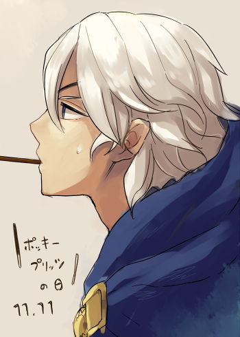 1boy blue_eyes dated eyepatch fire_emblem fire_emblem_fates food hood hood_down looking_to_the_side lowres male_focus niles_(fire_emblem) nintendo pocky solo tefutene translation_request