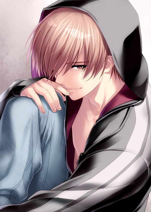 1boy blue_pants brown_eyes brown_hair closed_mouth commentary commentary_request hood hoodie knee_up little_busters! long_sleeves looking_at_viewer male_focus natsume_kyousuke pants short_hair simple_background solo zen