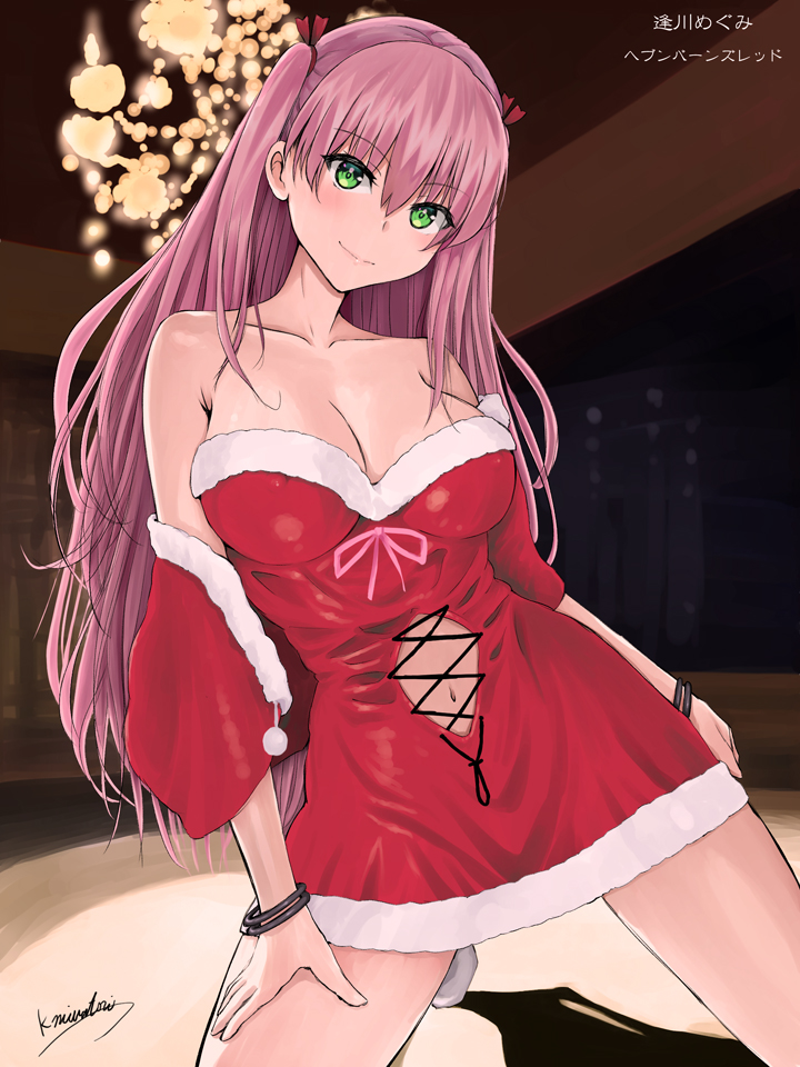 1girl aikawa_megumi breasts cleavage collarbone fur_trim green_eyes heaven_burns_red indoors kneeling large_breasts long_hair navel niwatori_kokezou pink_hair santa_costume solo two_side_up