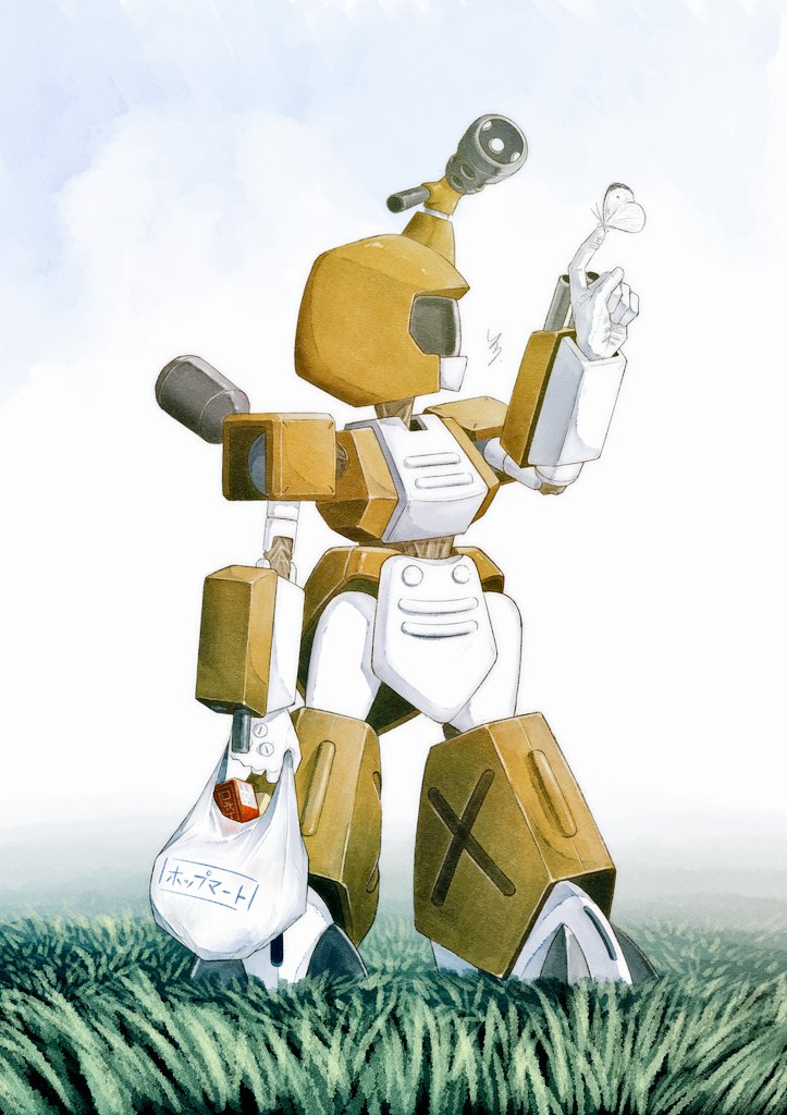 bag bug butterfly grass holding holding_bag inori_taimatsu insect medarot metabee no_humans robot