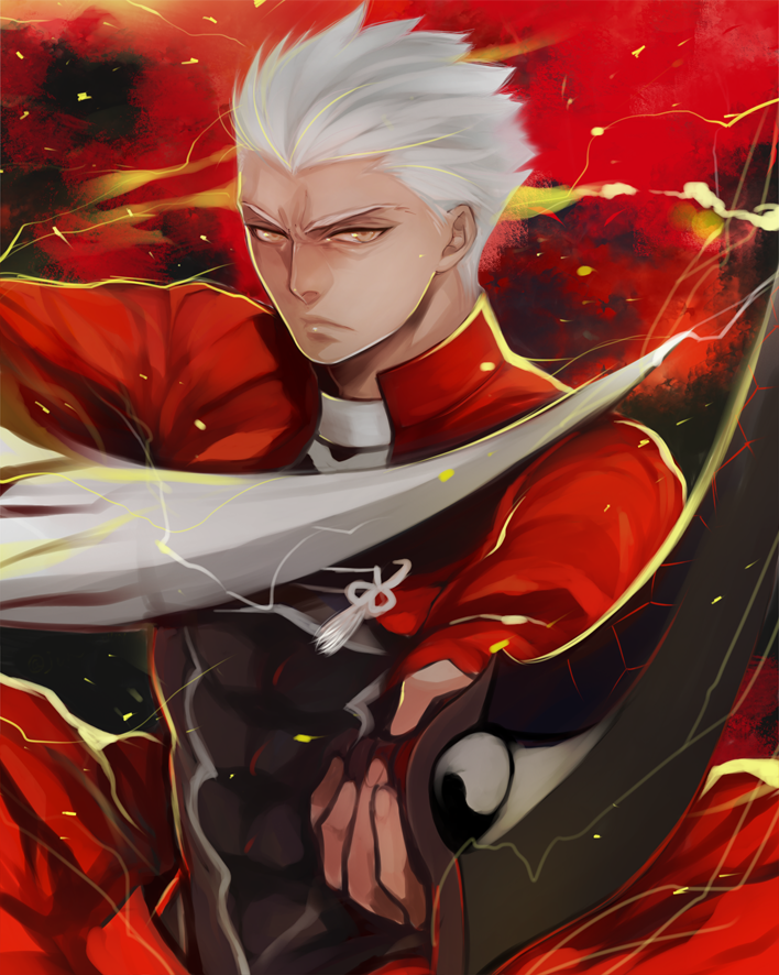 1boy archer_(fate) dark-skinned_male dark_skin dual_wielding fate/stay_night fate_(series) frown gradient_background holding jun_(ash) kanshou_&amp;_bakuya_(fate) male_focus solo sword weapon white_hair yellow_eyes