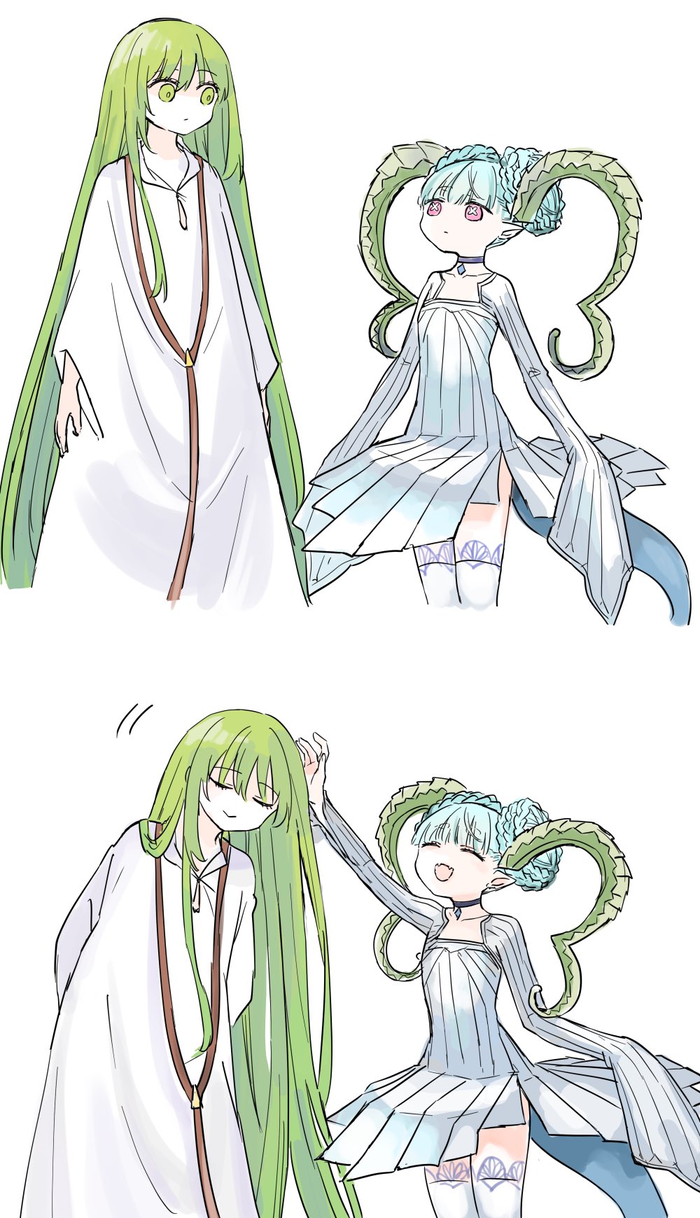 1girl 1other androgynous blue_hair braid braided_bun closed_eyes curled_horns double_bun dress enkidu_(fate) fate/grand_order fate_(series) flat_chest green_eyes green_hair hair_bun headpat height_difference highres himeko_(nico6v6pachi) horns larva_tiamat_(fate) larva_tiamat_(first_ascension)_(fate) long_hair open_mouth pink_eyes short_dress sleeves_past_fingers sleeves_past_wrists smile symbol-shaped_pupils thighhighs tiamat_(fate) very_long_hair white_dress white_thighhighs x-shaped_pupils