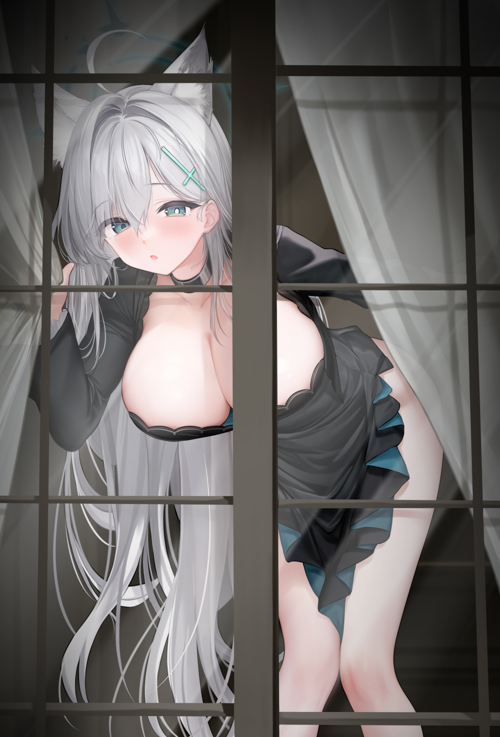 1girl against_window ahoge aimee_(emi) animal_ear_fluff animal_ears aqua_eyes black_choker black_dress black_halo blue_archive blush breasts bright_pupils choker cleavage clothes_lift commentary_request cross cross_hair_ornament curtain_grab curtains dress dress_lift extra_ears grey_hair hair_intakes hair_ornament halo highres inverted_cross large_breasts leaning_forward long_hair looking_at_viewer mismatched_pupils open_mouth shiroko_(blue_archive) shiroko_terror_(blue_archive) solo thighs white_pupils wolf_ears wolf_girl
