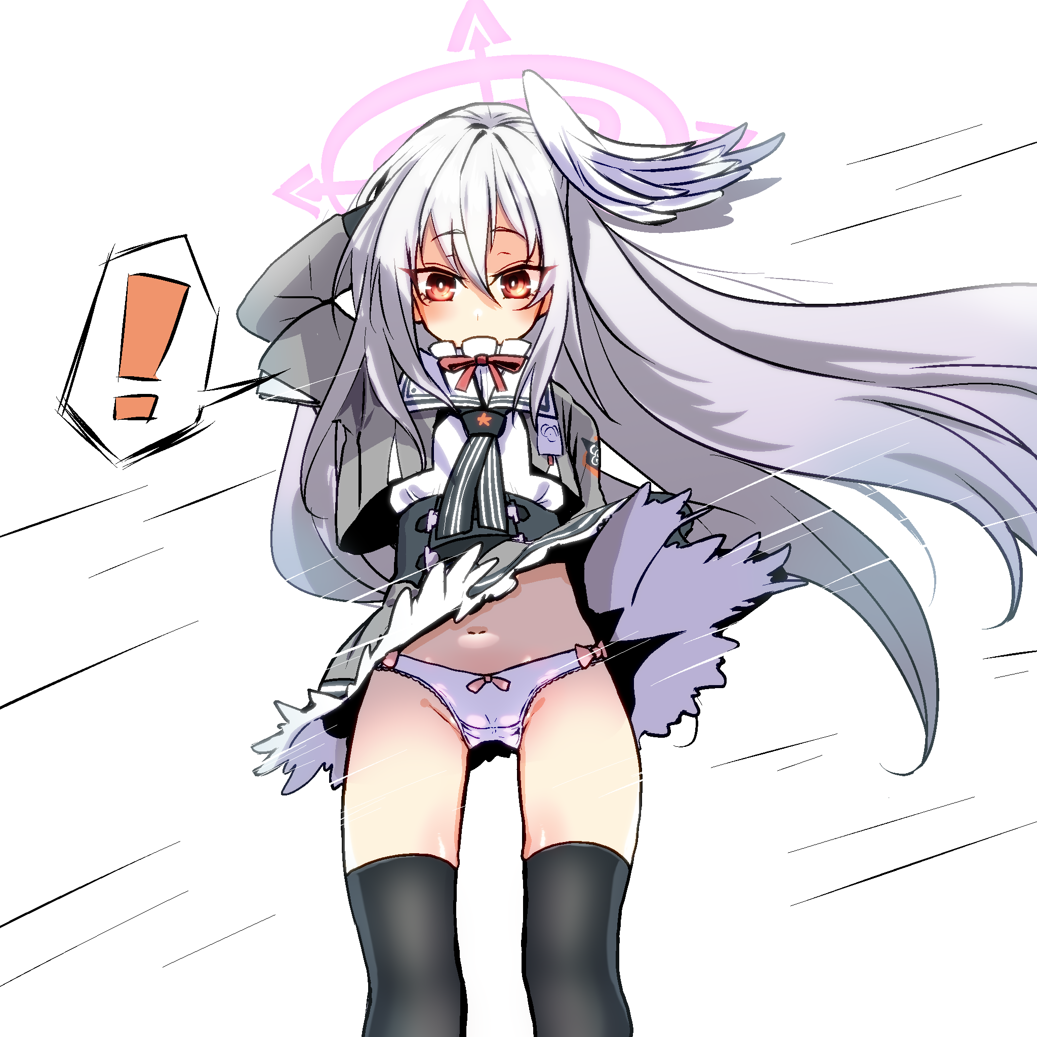 1girl black_thighhighs blue_archive halo highres long_hair mengnaidu panties school_uniform solo suzumi_(blue_archive) thighhighs underwear white_hair white_panties