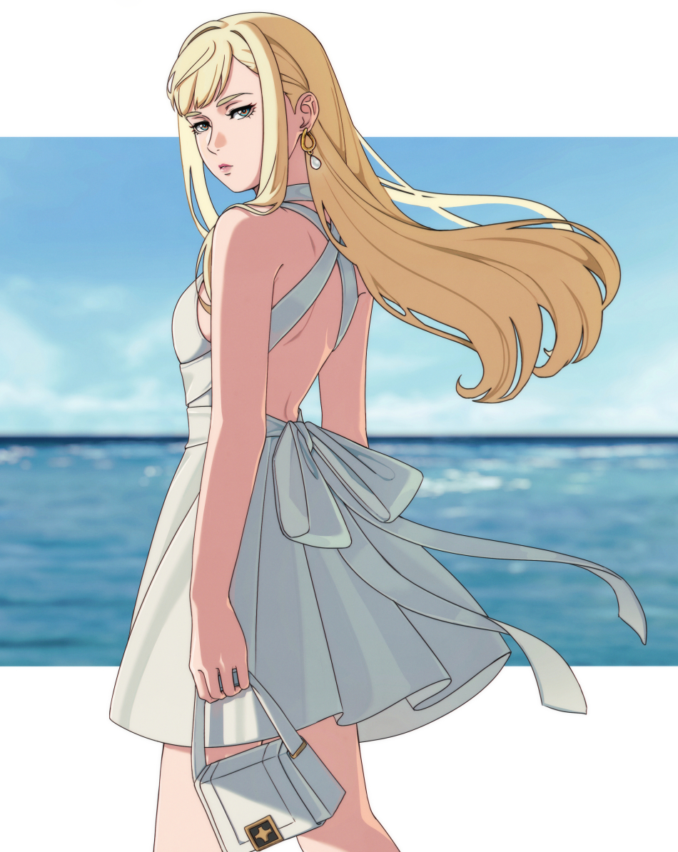 1girl bag blonde_hair dress earrings enelous gigi_andalusia gundam gundam_hathaway&#039;s_flash handbag holding holding_bag jewelry long_hair looking_at_viewer looking_back ocean solo white_bag white_dress wind wind_lift