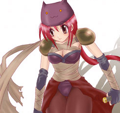 1girl 2000s_(style) armor assassin_(ragnarok_online) bandages bandages_over_clothes blush breasts brown_eyes brown_pantyhose cape cleavage closed_mouth commentary_request cowboy_shot dagger deviruchi_hat elbow_gloves feliciel fingerless_gloves gloves hat holding holding_dagger holding_knife holding_weapon knife leotard looking_afar lowres medium_breasts pantyhose pauldrons pink_hair purple_gloves purple_hat purple_leotard ragnarok_online red_cape short_hair shoulder_armor simple_background smile solo waist_cape weapon white_background