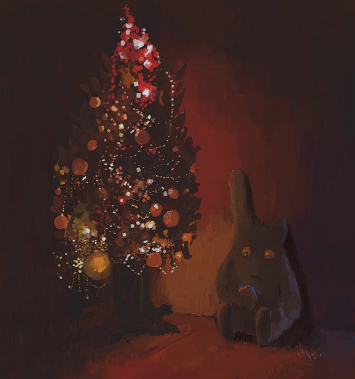 brown_background christmas_ornaments christmas_tree creature dark holding indoors looking_at_object missing_ear no_humans original sitting slow_d