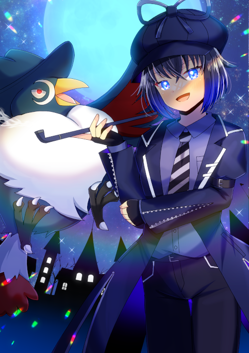 :d black_gloves black_hair black_hat black_pants blue_eyes blue_jacket blue_moon blush newsboy_cap collared_shirt commentary_request commission diagonal-striped_clothes diagonal-striped_necktie dress_shirt fingerless_gloves full_moon gen_4_pokemon gloves hair_between_eyes hat head_tilt holding holding_smoking_pipe honchkrow jacket juliet_sleeves kiseru kou_hiyoyo long_sleeves moon necktie nintendo open_clothes open_jacket open_mouth original pants pokemon puffy_sleeves purple_shirt red_eyes shirt skeb_commission smile smoking_pipe striped_clothes virtual_youtuber