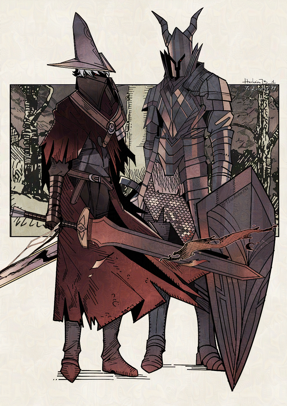 2boys abyss_watcher armor artist_name belt black_knight_(dark_souls) boots breastplate cape chainmail dark_souls_(series) dark_souls_i dark_souls_iii fake_horns full_armor full_body gauntlets helmet herheim high_collar highres holding holding_sword holding_weapon horned_helmet horns looking_at_viewer male_focus multiple_boys red_eyes sabaton shaded_face shield shoulder_armor sword torn_cape torn_clothes tree weapon white_hair