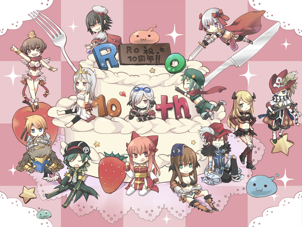 6+boys 6+girls :3 :q animal animal_on_head anniversary arch_bishop_(ragnarok_online) armor armored_boots barefoot beret bikini bikini_bottom_only bird bird_on_head black_bra black_cape black_coat black_footwear black_hair black_headband black_headwear black_pants black_scarf black_wings blonde_hair blue_eyes blue_shirt book boots bow bra breasts brown_eyes brown_hair cabbit cake cape checkered_background chibi chick cleavage closed_mouth coat commentary_request cross crown detached_sleeves dress flask food fork fruit full_body fur-trimmed_gloves fur_collar fur_trim genetic_(ragnarok_online) gloves goggles goggles_on_head green_eyes green_hair green_shorts grey_hair grey_jumpsuit griffin gryphon_(ragnarok_online) guillotine_cross_(ragnarok_online) hair_between_eyes hair_bow hair_over_one_eye hat hat_ornament head_wings headband holding holding_staff holding_sword holding_weapon instrument jumpsuit jumpsuit_around_waist knife leg_armor light_brown_hair living_clothes long_hair looking_at_viewer lute_(instrument) mage_(ragnarok_online) marin_(ragnarok_online) medium_hair midriff minstrel_(ragnarok_online) multiple_boys multiple_girls on_head one_eye_closed open_mouth pants pauldrons pink_background plume poporing poring pouch purple_eyes ragnarok_online ranger_(ragnarok_online) red_armor red_bikini red_bow red_cape red_coat red_dress red_headwear red_scarf reona_amane rideword_(ragnarok_online) round-bottom_flask royal_guard_(ragnarok_online) rune_knight_(ragnarok_online) sailor_hat sandals sarashi scarf shadow_chaser_(ragnarok_online) shirt short_hair shorts shoulder_armor shrug_(clothing) skull_hat_ornament sleeveless sleeveless_shirt slime_(creature) smile sorcerer_(ragnarok_online) sparkle staff star_(symbol) strawberry striped_clothes striped_scarf sura_(ragnarok_online) swimsuit sword tabard tongue tongue_out translation_request two-tone_dress underwear waist_cape wanderer_(ragnarok_online) warlock_(ragnarok_online) weapon white_dress white_headwear white_scarf white_shirt white_sleeves wings