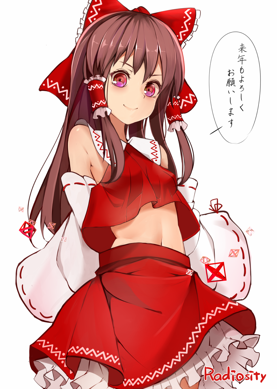 &gt;:) 1girl arms_behind_back artist_name bow breasts brown_hair cowboy_shot detached_sleeves female_focus hair_bow hair_tubes hakurei_reimu highres long_hair looking_at_viewer md5_mismatch midriff miniskirt multicolored_eyes navel pink_eyes purple_eyes radiosity_(yousei) ribbon-trimmed_sleeves ribbon_trim signature simple_background skirt small_breasts smile solo speech_bubble text_focus touhou translation_request upshirt v-shaped_eyebrows white_background
