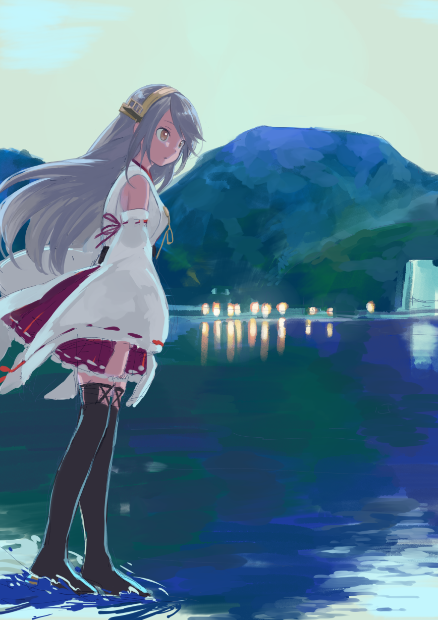 1girl black_boots boots brown_eyes cloud cloudy_sky commentary_request detached_sleeves frilled_skirt frills from_side full_body grey_hair hair_between_eyes hakama hakama_short_skirt hakama_skirt haruna_(kancolle) headgear highres japanese_clothes kantai_collection karamomo kimono long_hair mountain nontraditional_miko outdoors pleated_skirt red_ribbon red_skirt ribbon ribbon-trimmed_sleeves ribbon_trim sidelocks skirt sky sleeveless sleeveless_kimono solo standing standing_on_liquid swept_bangs thigh_boots very_long_hair white_kimono wide_sleeves