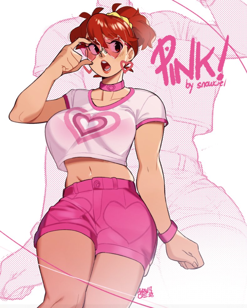 1girl adjusting_eyewear artist_name bracelet breasts brown_eyes brown_hair character_name clenched_hand commentary earrings english_commentary hair_behind_ear hand_on_eyewear heart heart-shaped_eyewear heart_earrings jewelry looking_to_the_side medium_breasts midriff navel open_mouth original pink-tinted_eyewear pink_shirt pink_shorts pink_theme ponytail shirt short_hair shorts smile snowcie snowciel_(snowcie) solo sunglasses tinted_eyewear zoom_layer