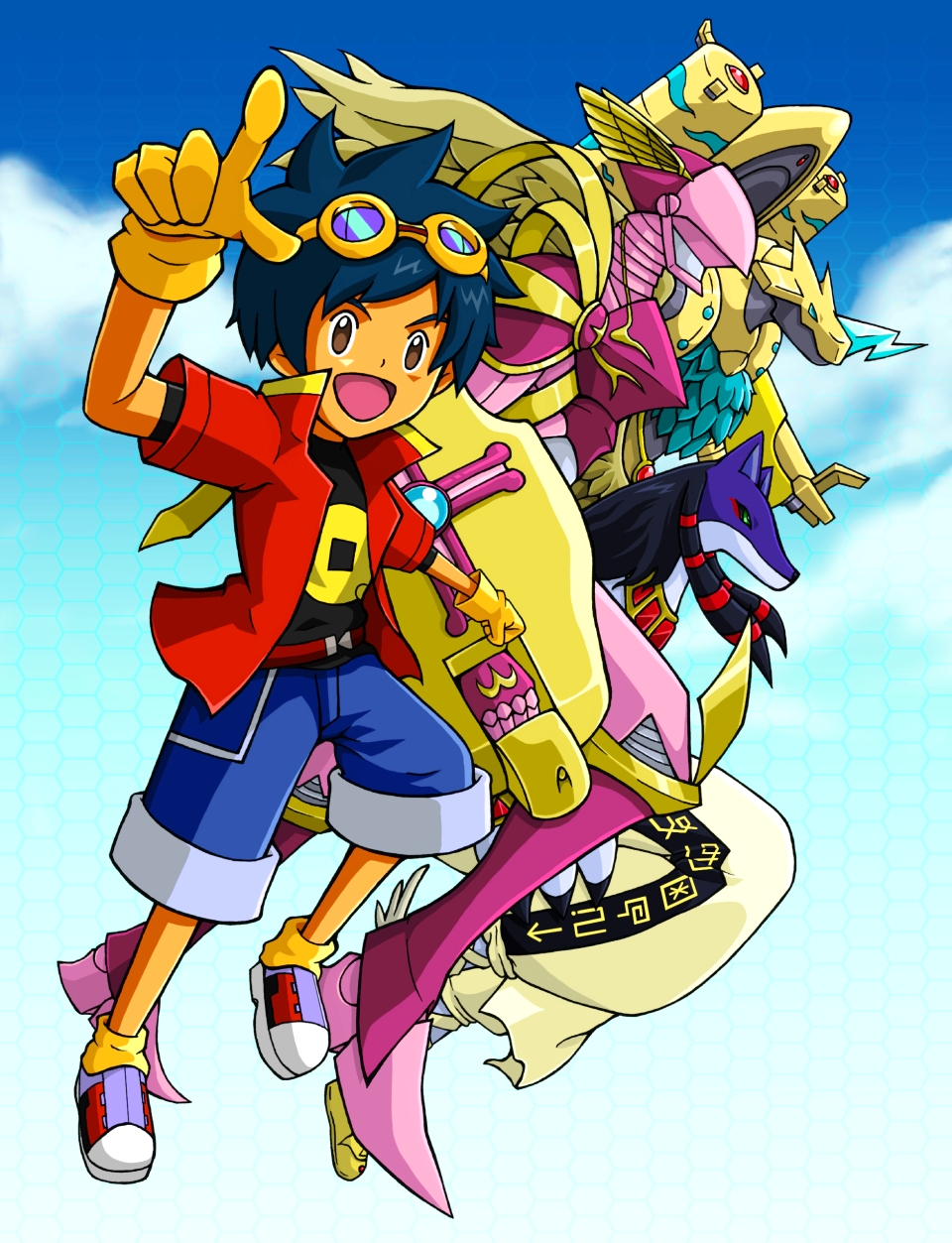 1boy aegisdramon anubimon digimon goggles goggles_on_head highres lordknightmon shu_(digimon) simple_background white_background