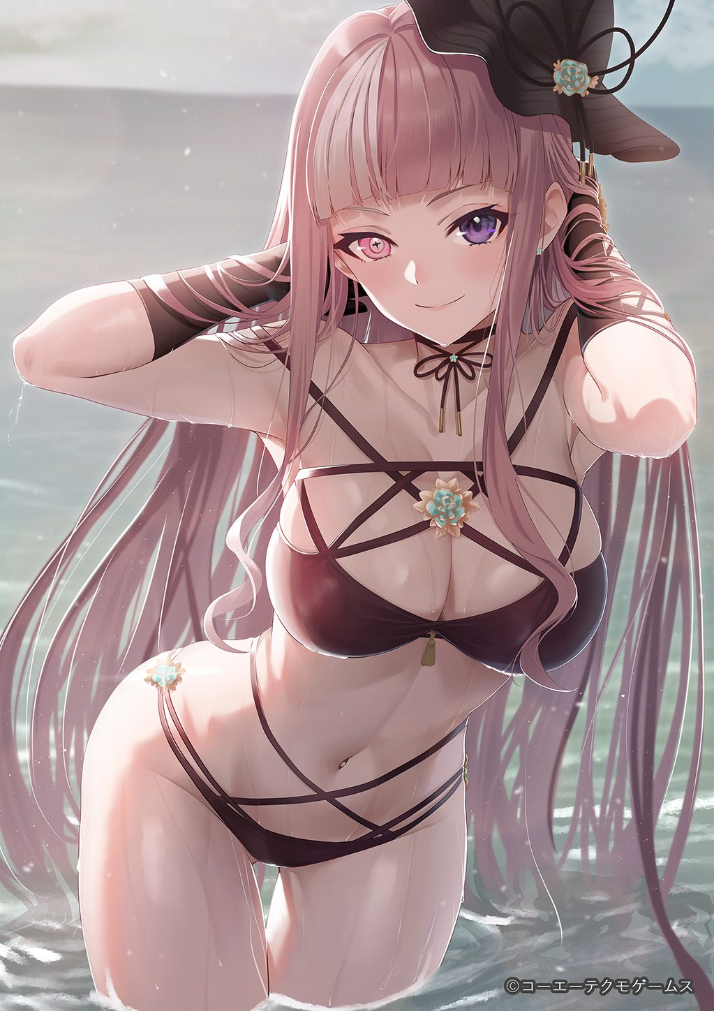 1girl armpits arms_up atelier_(series) atelier_resleriana backlighting bare_shoulders bikini black_choker black_gloves black_hat black_ribbon blunt_bangs breasts brown_bikini choker cleavage commentary_request company_name contrapposto copyright_name cowboy_shot cross-shaped_pupils elbow_gloves gloves groin guest_art hair_flowing_over hands_in_own_hair hat hat_ribbon heterochromia highleg highleg_bikini highres koisuke lara_trockel large_breasts leaning_forward light_particles linea_alba long_hair mismatched_eyebrows mismatched_pupils multi-strapped_bikini_bottom multi-strapped_bikini_top multicolored_hair navel ocean official_art outdoors pink_eyes pink_hair purple_eyes ribbon ribbon_choker second-party_source solo stomach straight_hair streaked_hair swimsuit symbol-shaped_pupils thigh_gap thighs two-tone_hair very_long_hair wading wet white_streaks
