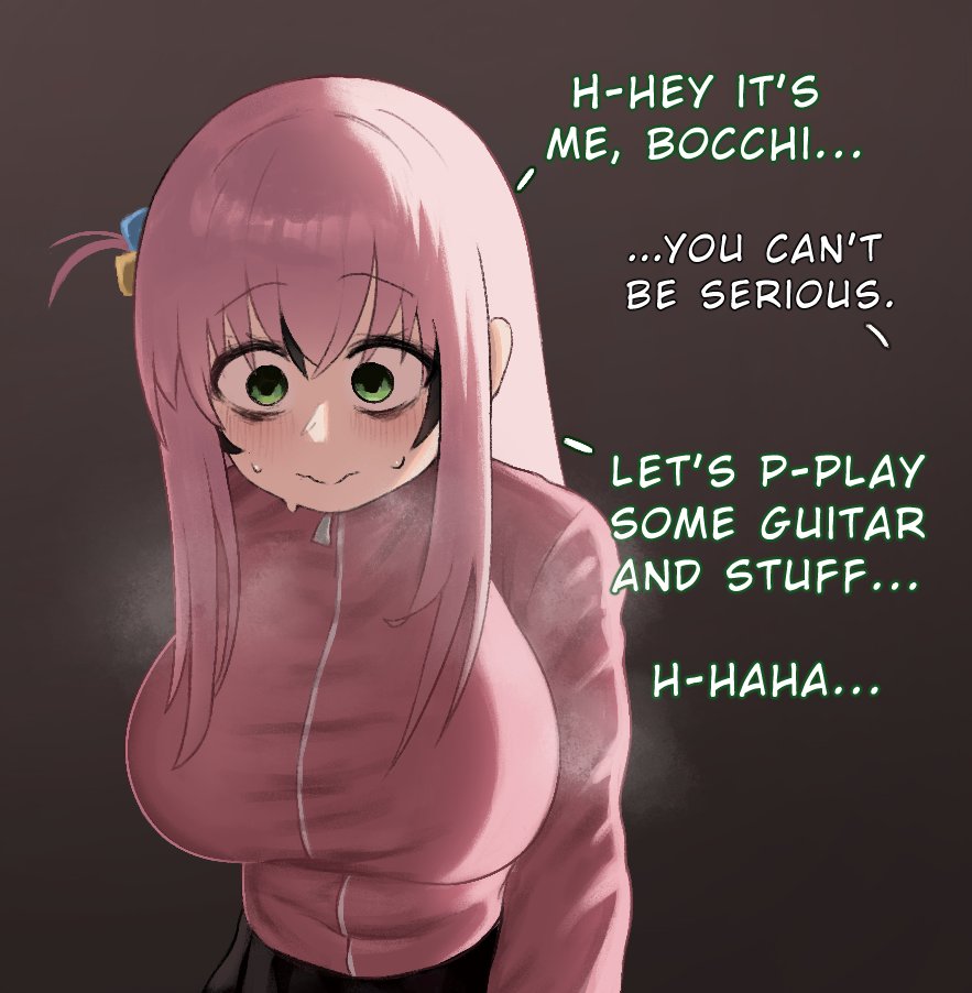 1girl bags_under_eyes blush bocchi_the_rock! breasts cosplay cube_hair_ornament english_text gotoh_hitori gotoh_hitori_(cosplay) green_eyes hair_between_eyes hair_ornament impersonation jacket kuroki_tomoko large_breasts long_hair long_sleeves looking_down messy_hair pink_hair pink_jacket pohui55 self-upload side_ahoge sidelocks skirt solo sweat sweatdrop track_jacket upper_body watashi_ga_motenai_no_wa_dou_kangaetemo_omaera_ga_warui! wavy_mouth wig