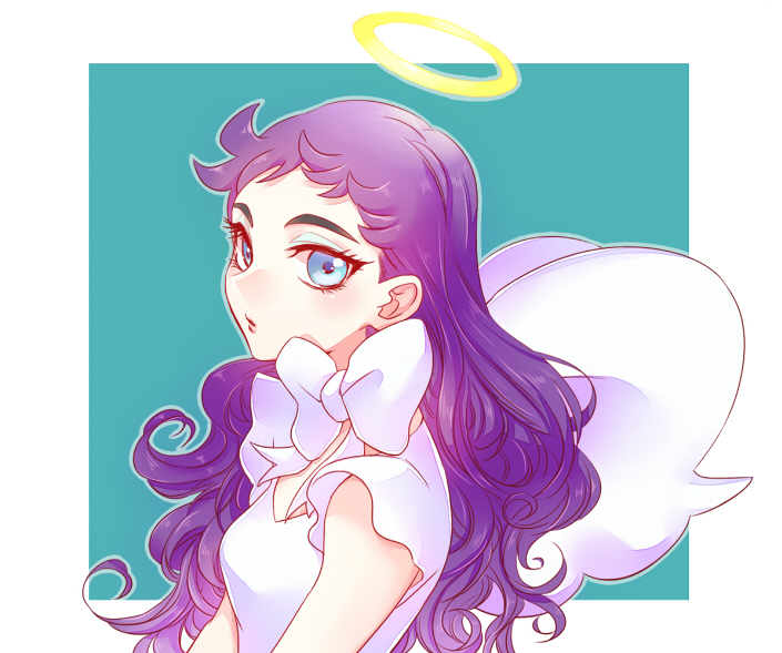 1girl blue_eyes blue_eyeshadow bow brown_hair diantha_(pokemon) eyeshadow green_background hair_down halo ivory_(25680nico) long_hair looking_at_viewer makeup nintendo pokemon pokemon_xy shirt simple_background thick_eyebrows white_bow white_shirt