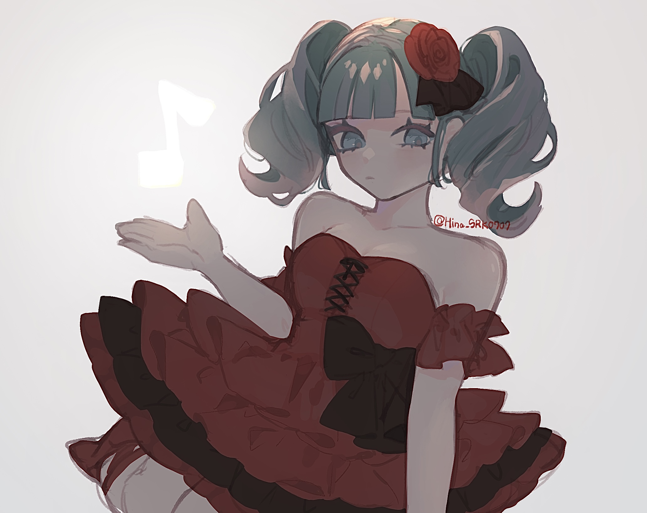 1girl aqua_eyes aqua_hair arm_cuffs bare_shoulders black_dress black_ribbon blunt_bangs collarbone cross-laced_clothes cross-laced_dress dress flower frilled_cuffs gaikotsu_gakudan_to_riria_(vocaloid) hair_flower hair_ornament hair_ribbon hand_up hatsune_miku high_heels highres hina_(uhnt4478) medium_hair musical_note parted_lips red_dress red_flower red_rose red_shoes ribbon rose shoes simple_background solo strapless strapless_dress twitter_username two-tone_dress white_background