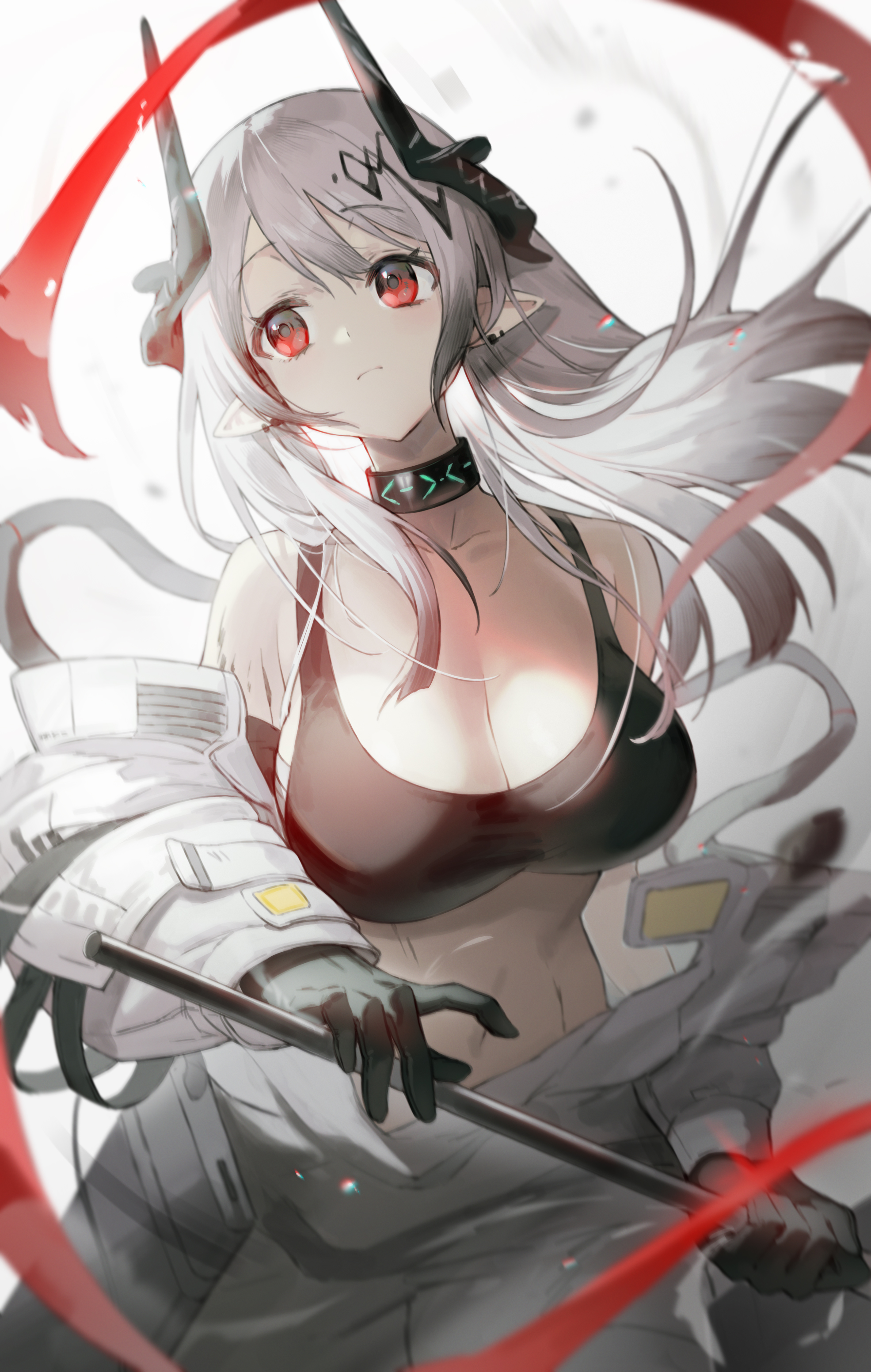1girl absurdres arknights black_bra black_gloves blurry bra breasts chest_sarashi cleavage closed_mouth coat commentary cowboy_shot demon_horns depth_of_field ear_piercing elite_ii_(arknights) expressionless floating_hair gloves grey_hair hair_ornament highres holding holding_weapon horns infection_monitor_(arknights) large_breasts long_hair looking_to_the_side material_growth mudrock_(arknights) mudrock_(elite_ii)_(arknights) navel open_clothes open_coat oripathy_lesion_(arknights) piercing pointy_ears red_eyes red_ribbon ribbon sarashi simple_background solo soyoong_jun sports_bra standing stomach underwear weapon white_background white_coat