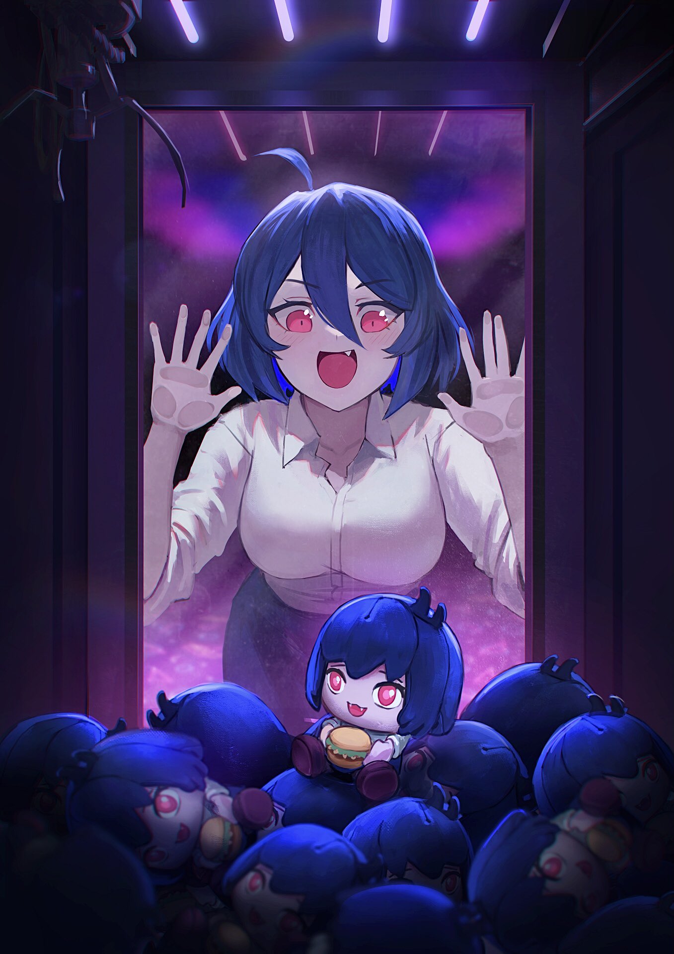 1girl :3 :d against_glass ahoge arms_up awestruck black_pants blue_hair blurry blurry_background breasts ceiling_light character_doll chibi collarbone collared_shirt commentary cowboy_shot crane_game doll dot_nose double-parted_bangs dress_shirt endless_monday:_dreams_and_deadlines english_commentary fang fangs grin hair_between_eyes highres in_crane_game large_breasts leaning_forward leaning_on_object light_blush long_eyelashes looking_at_object looking_down merchandise merchandise_available neon_lights open_hands open_mouth palms pants partially_unbuttoned pink_eyes raised_eyebrows raised_inner_eyebrows shirt shirt_tucked_in short_hair sidelocks sitting skye_(hcnone) sleeves_rolled_up smile solo thick_eyelashes v-shaped_eyebrows vertigris white_shirt wide-eyed window