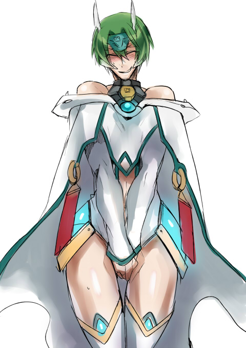 1boy arc_system_works armor bad_id bad_pixiv_id bare_shoulders blazblue blazblue:_chronophantasma blush cape clothing_cutout cosplay covering_crotch covering_privates crossdressing crossdressing_(mtf) forehead_protector green_hair hazama kaneaki_mukku leotard male_focus mu-12 mu-12_(cosplay) navel navel_cutout short_hair solo thigh_gap thighhighs