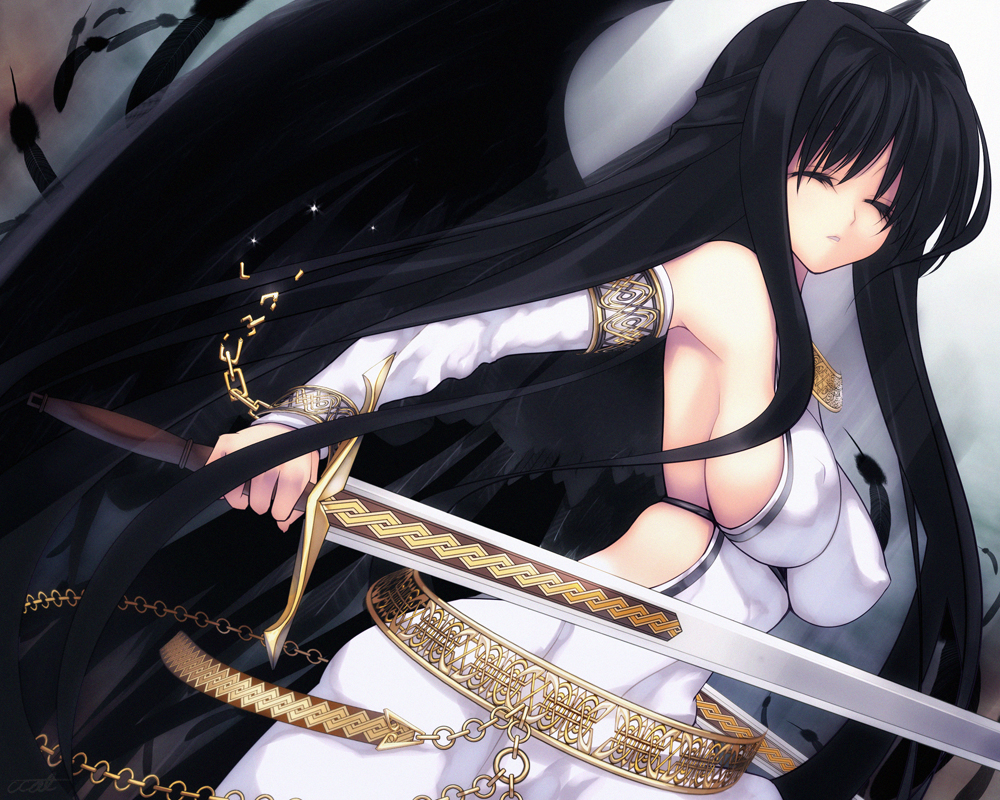 1girl black_hair breasts closed_eyes coffee_cat covered_erect_nipples detached_sleeves female_focus gloves half_updo huge_breasts long_hair mabinogi morrighan sideboob solo sword weapon wings