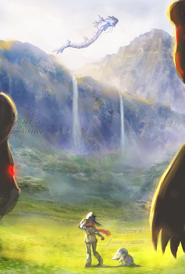 1girl akari_(pokemon) alpha_pokemon cyndaquil flying gen_1_pokemon gen_2_pokemon glowing glowing_eyes gyarados nanami_lusia nintendo on_grass outdoors pokemon pokemon_(creature) pokemon_legends:_arceus red_eyes scenery standing ursaring water waterfall watermark