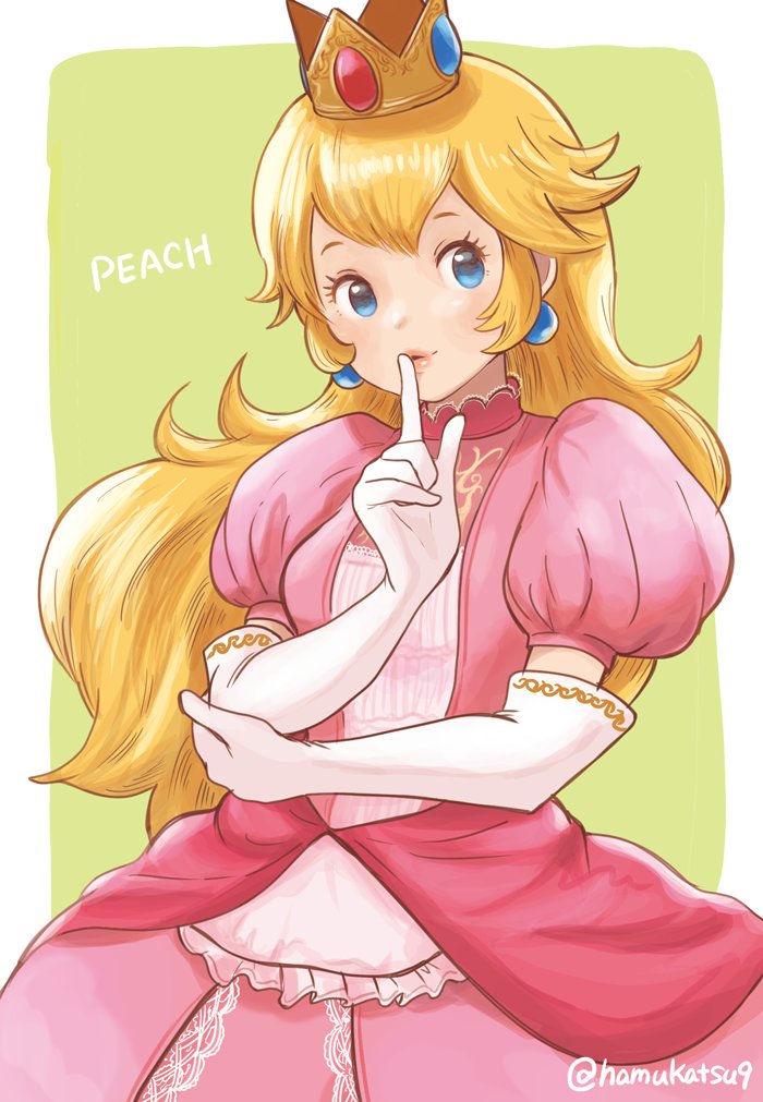 1girl blonde_hair blue_eyes breasts character_name commentary crown dress earrings elbow_gloves female_focus gloves jewelry long_hair looking_at_viewer ma-hain-scarlet mario_(series) nintendo pink_dress princess_peach solo white_gloves