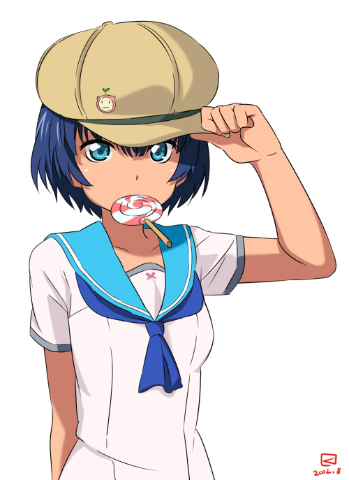10s 1girl adjusting_clothes adjusting_headwear ano_natsu_de_matteru artist_logo blue_eyes blue_hair candy dated female_focus food hat kueru logo lollipop matching_hair/eyes miyahara_takuya mouth_hold rinon_(ano_natsu_de_matteru) school_uniform serafuku short_hair solo tanigawa_kanna